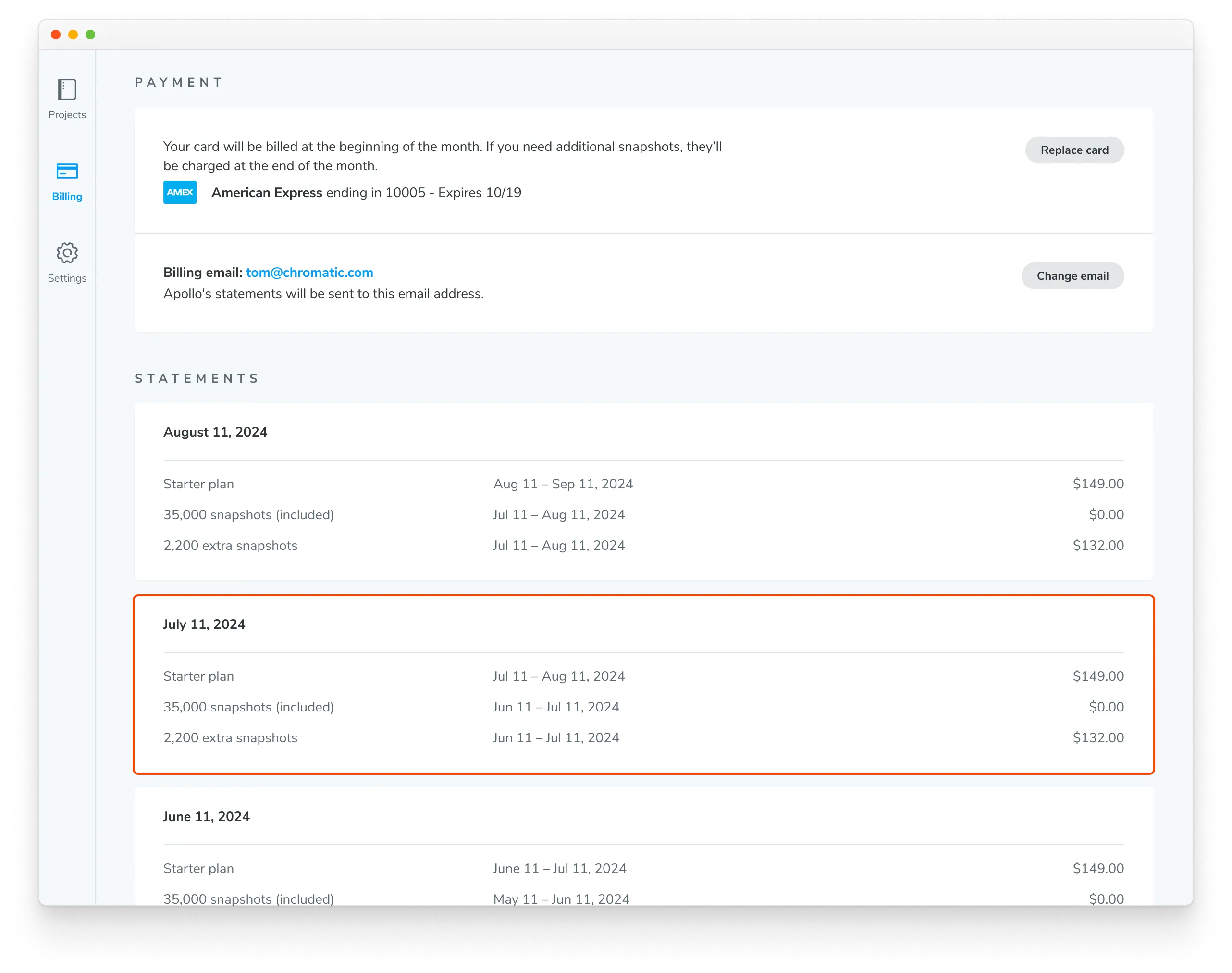 Access a previous billing period's usage report from the statements section